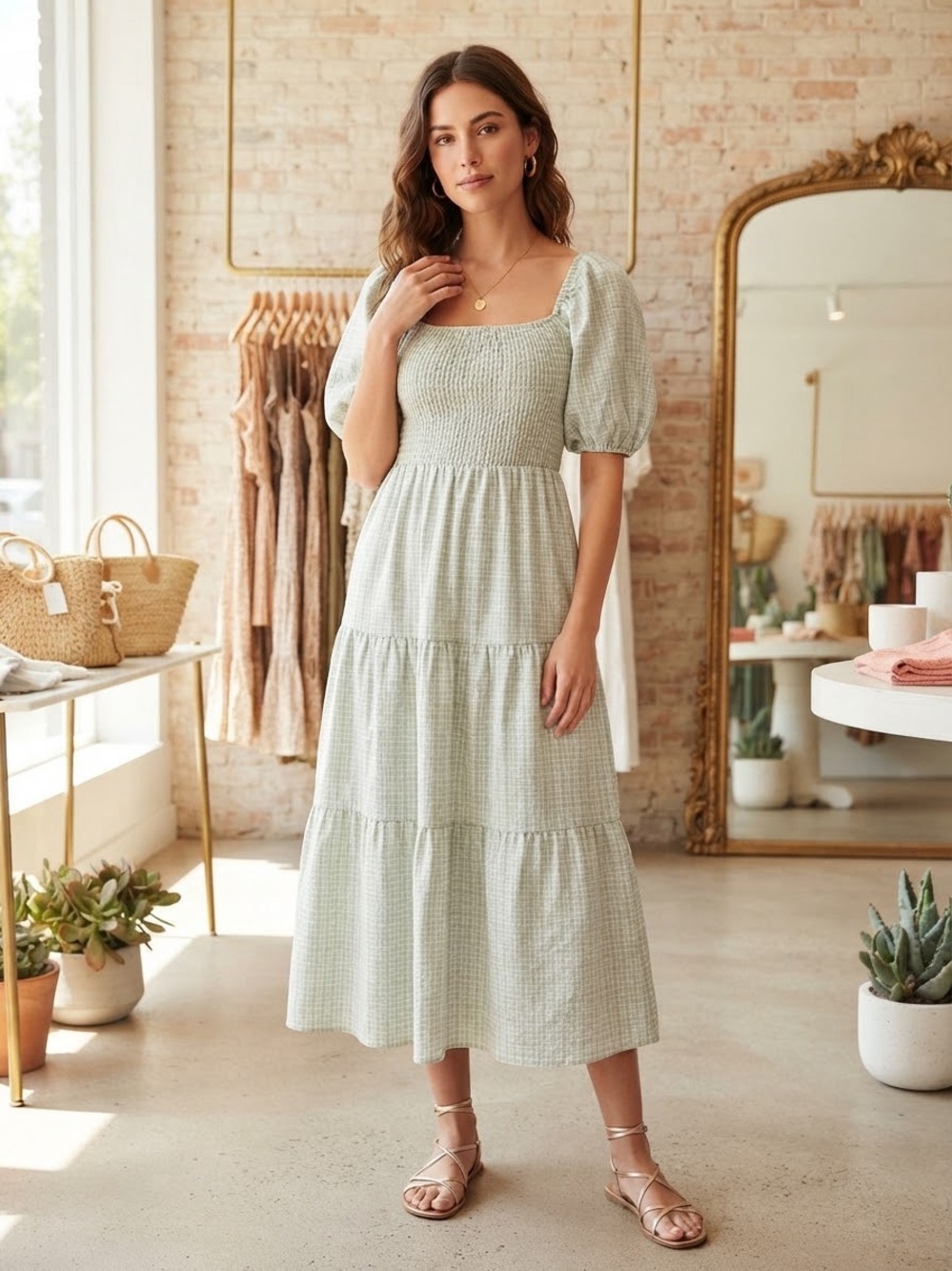 Smocked Square-Neck Tiered Midi Dress in Sage Green